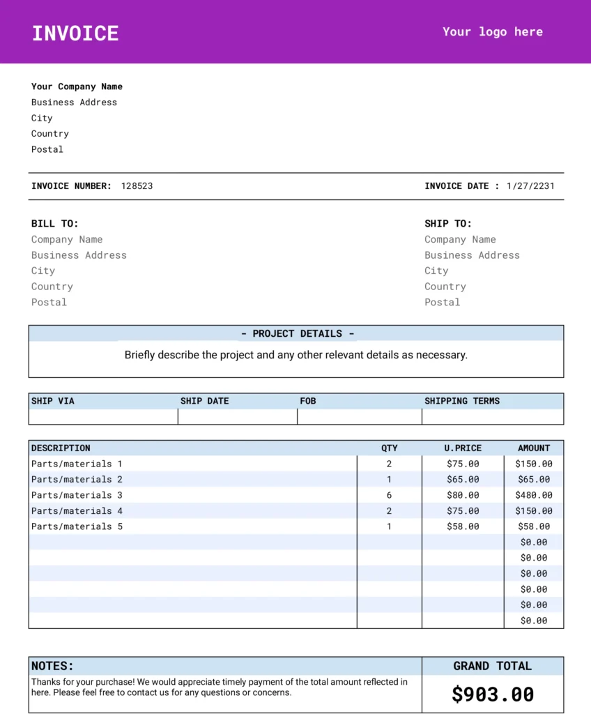 Quickbooks Invoice Template