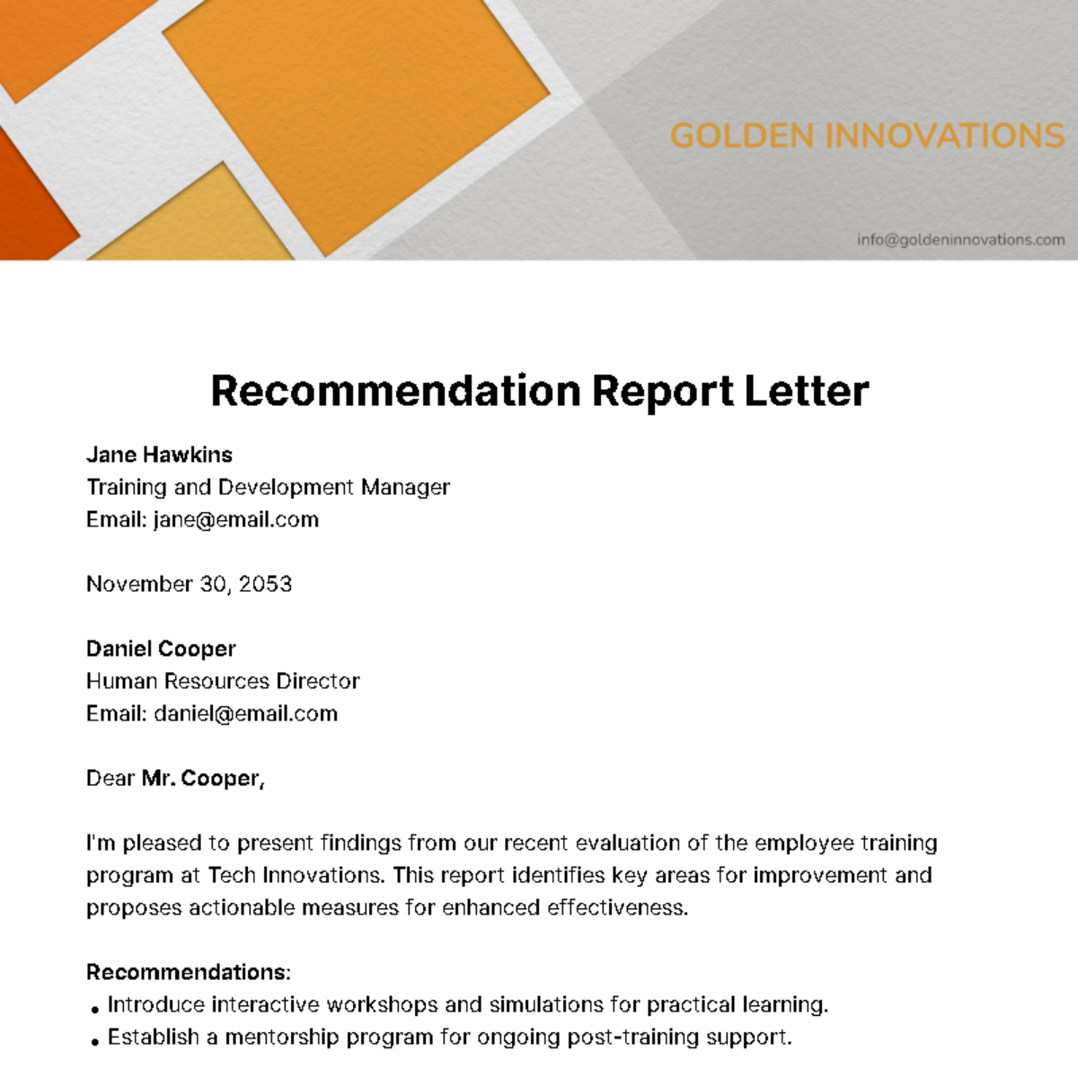 Recommendation Report Letter