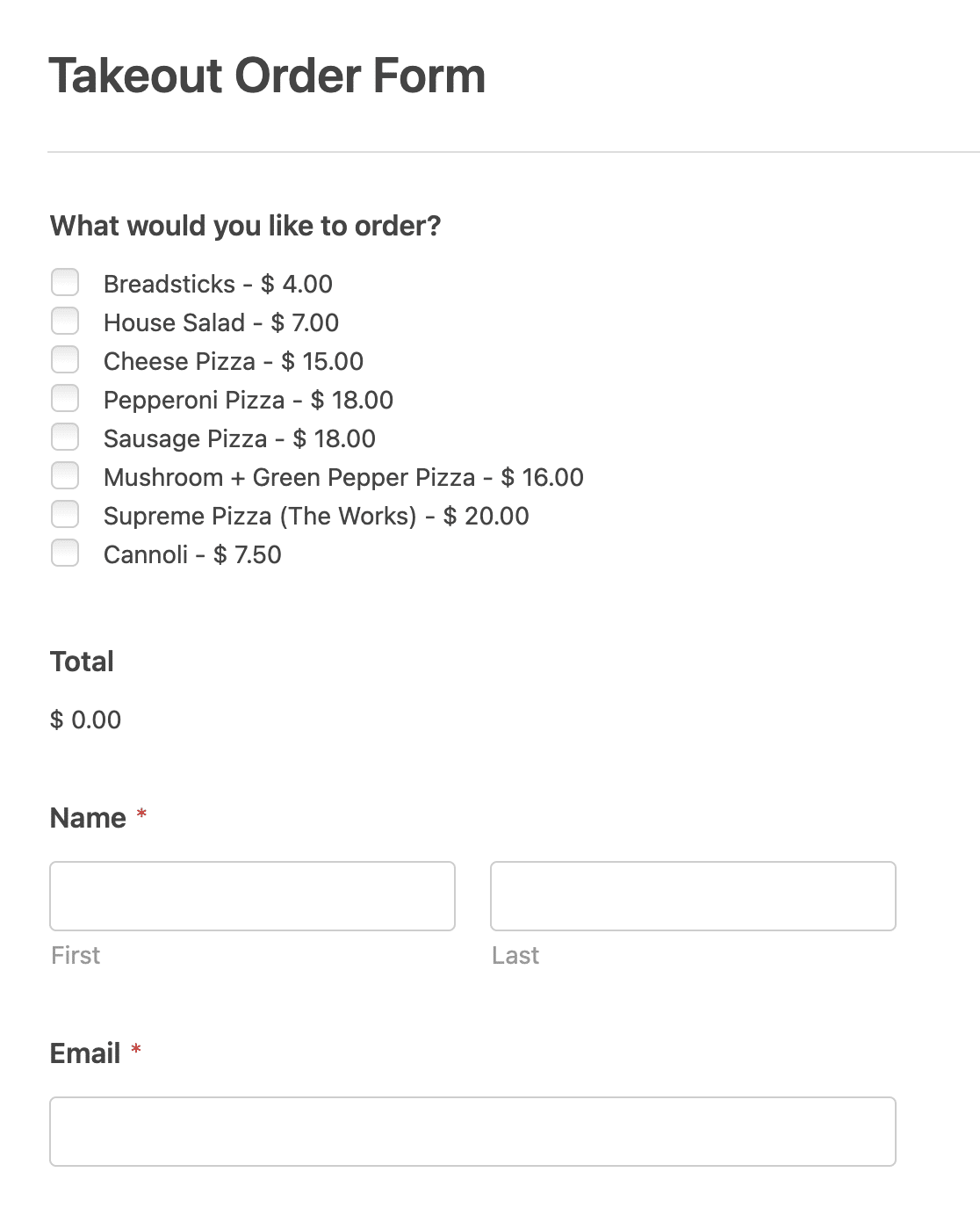 Restaurant Online Order Form