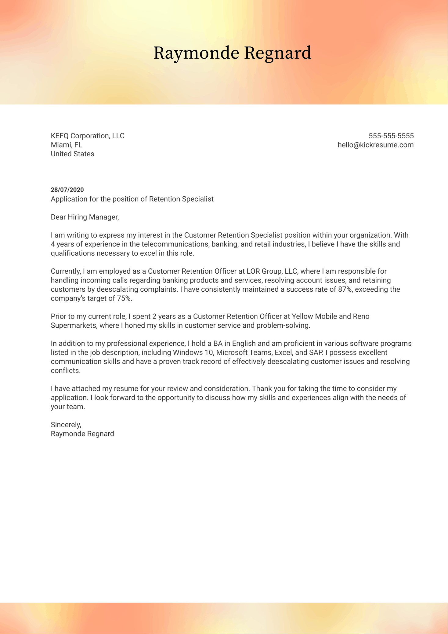 Retention Specialist Cover Letter Sample