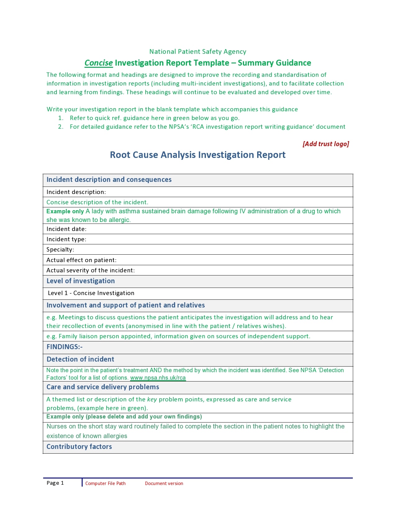 rca sample template