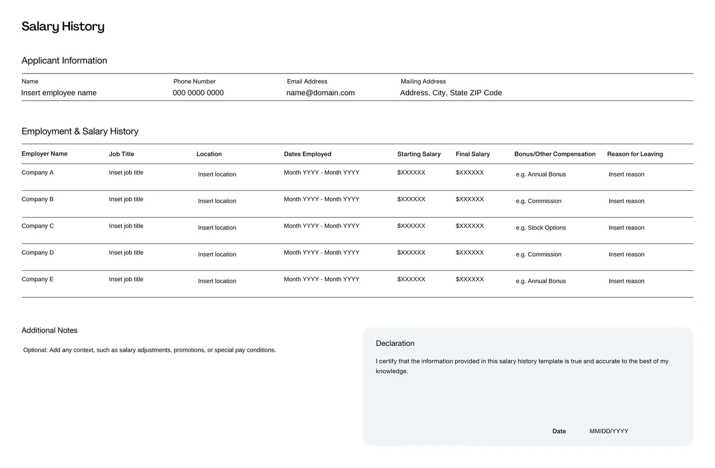 Salary History Template