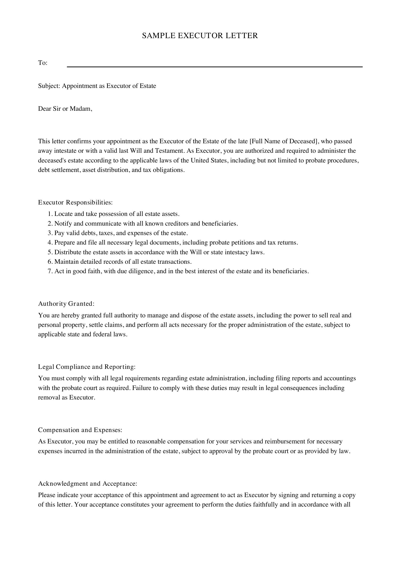 Sample Executor Letter Template
