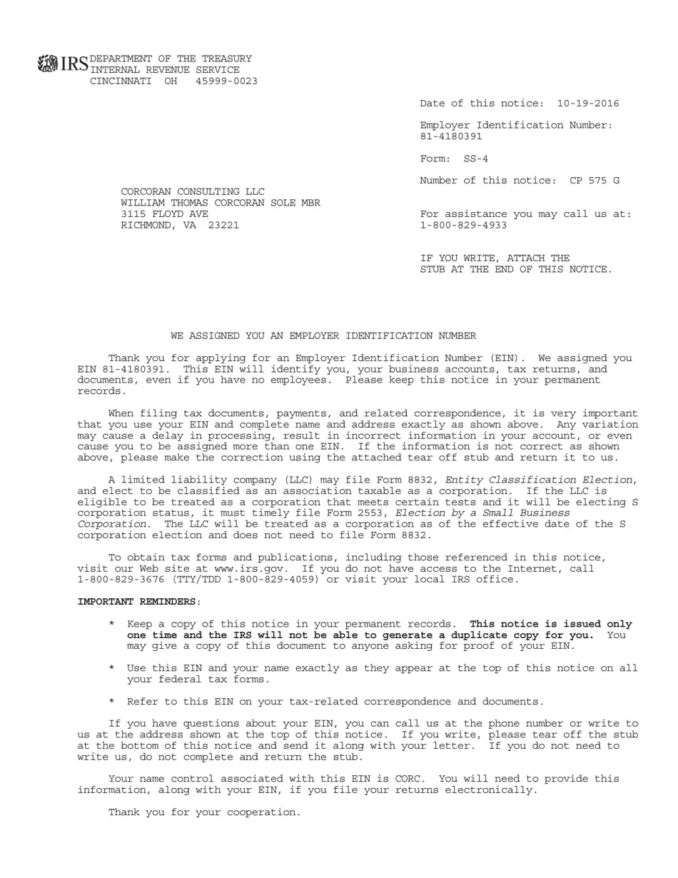 Sample Irs Form Cp575 Employer Identification Number Confirmation Letter