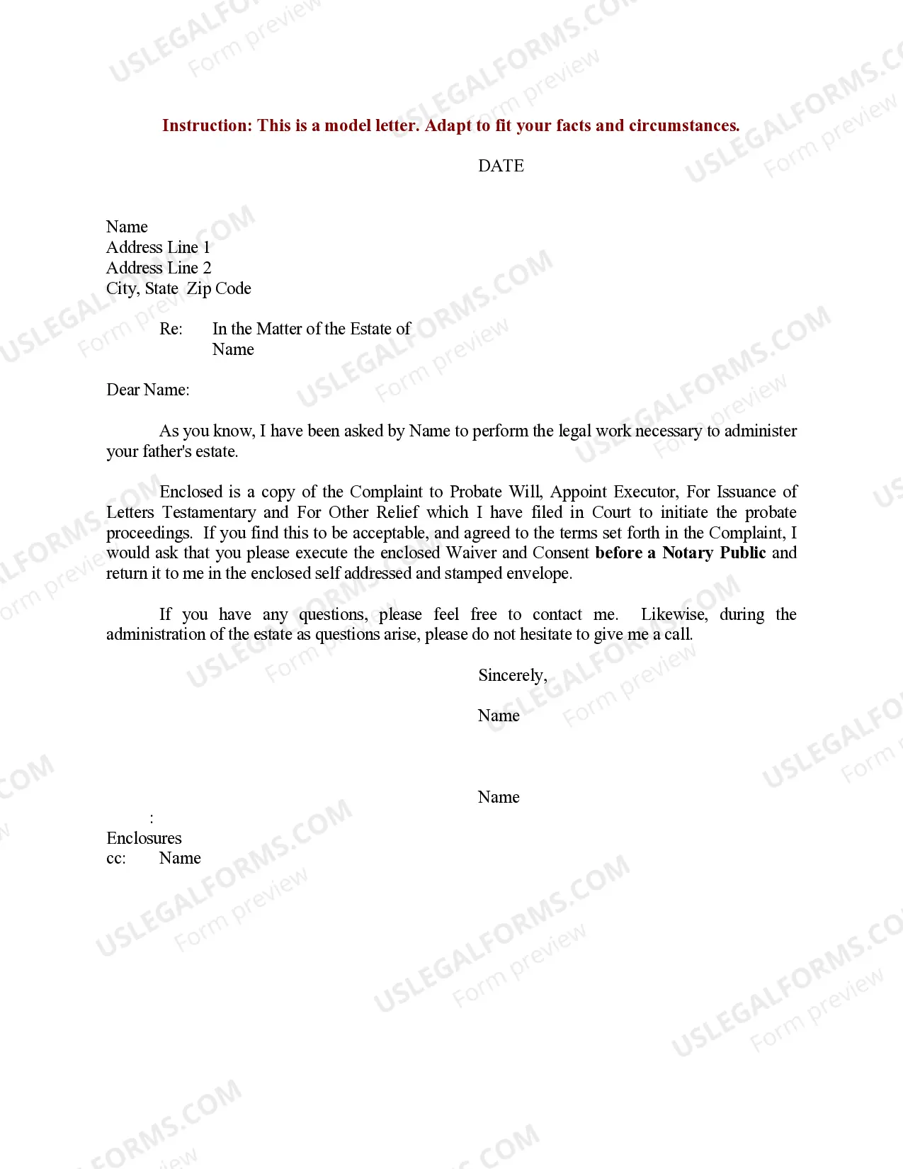 Sample Letter For Initiate Probate Proceedings For