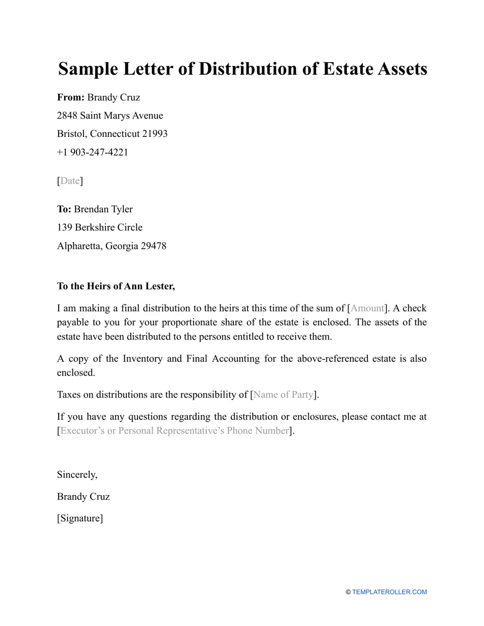 Sample Letter Of Distribution Of Estate Assets