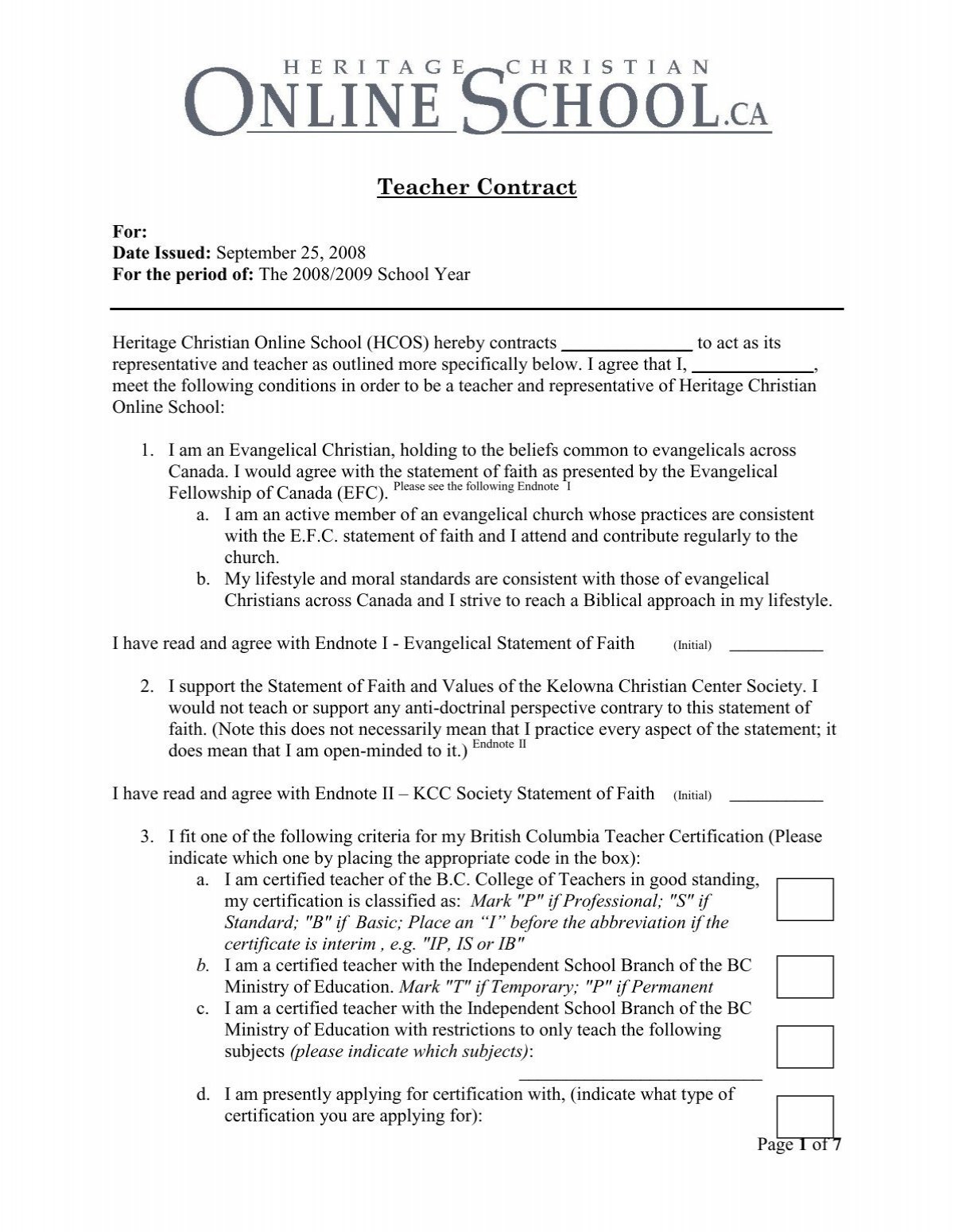Sample Teacher Contract Heritage Christian Online School Sample Teacher Contract Heritage Christian Online School