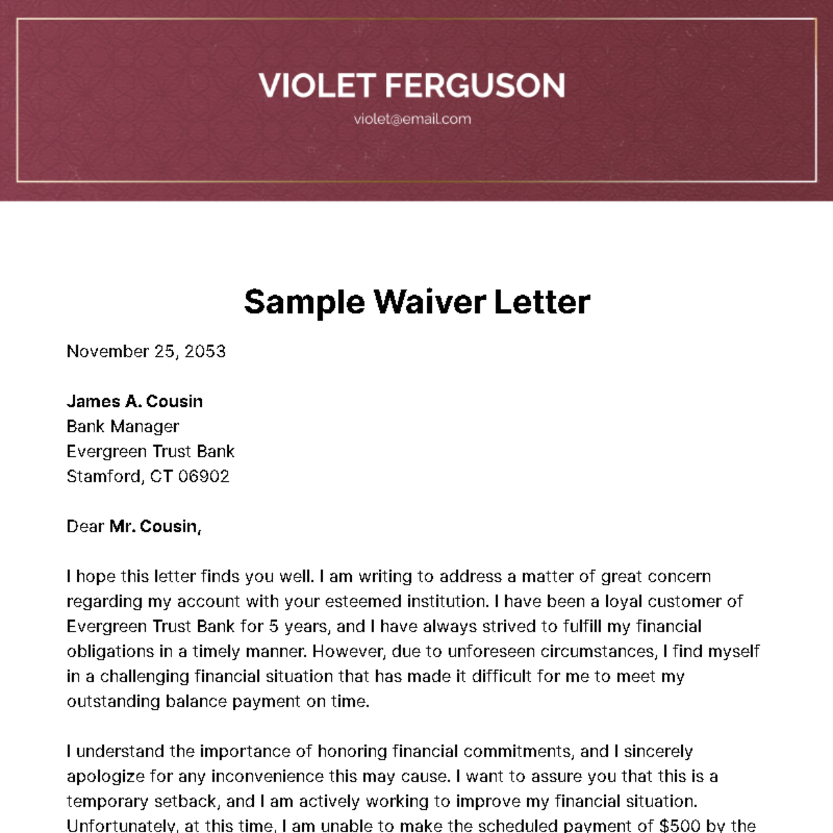 Sample Waiver Letter Sample Waiver Letter