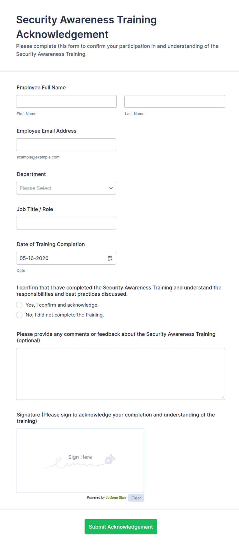 Security Awareness Training Acknowledgement Security Awareness Training Acknowledgement