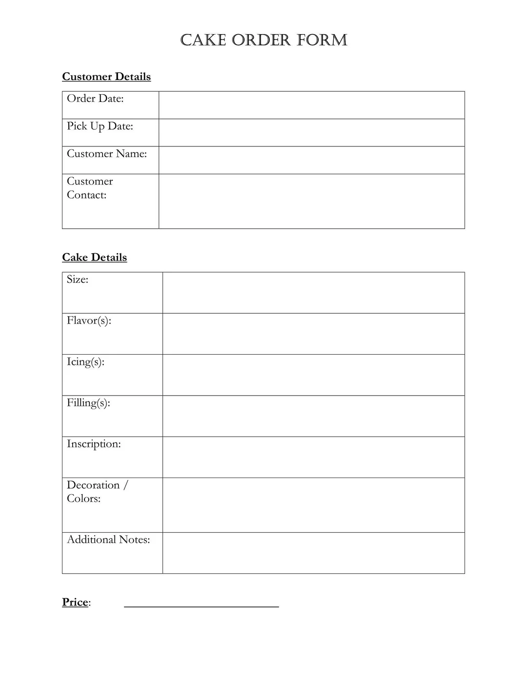 Simple Cake Order Form Instant Printable Simple Cake Order Form Instant Printable