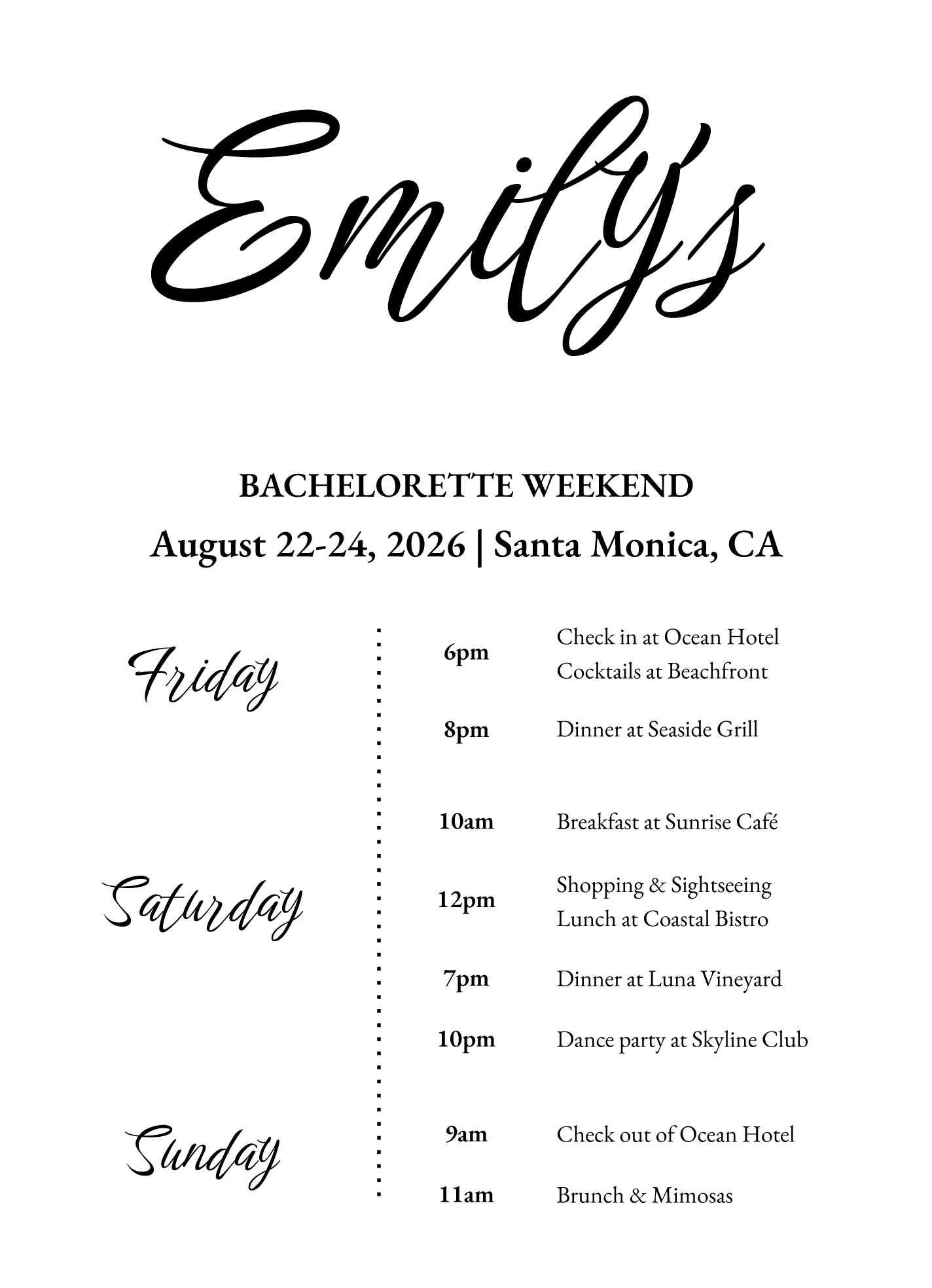 Simple White Bachelorette Itinerary Free Google Docs Template