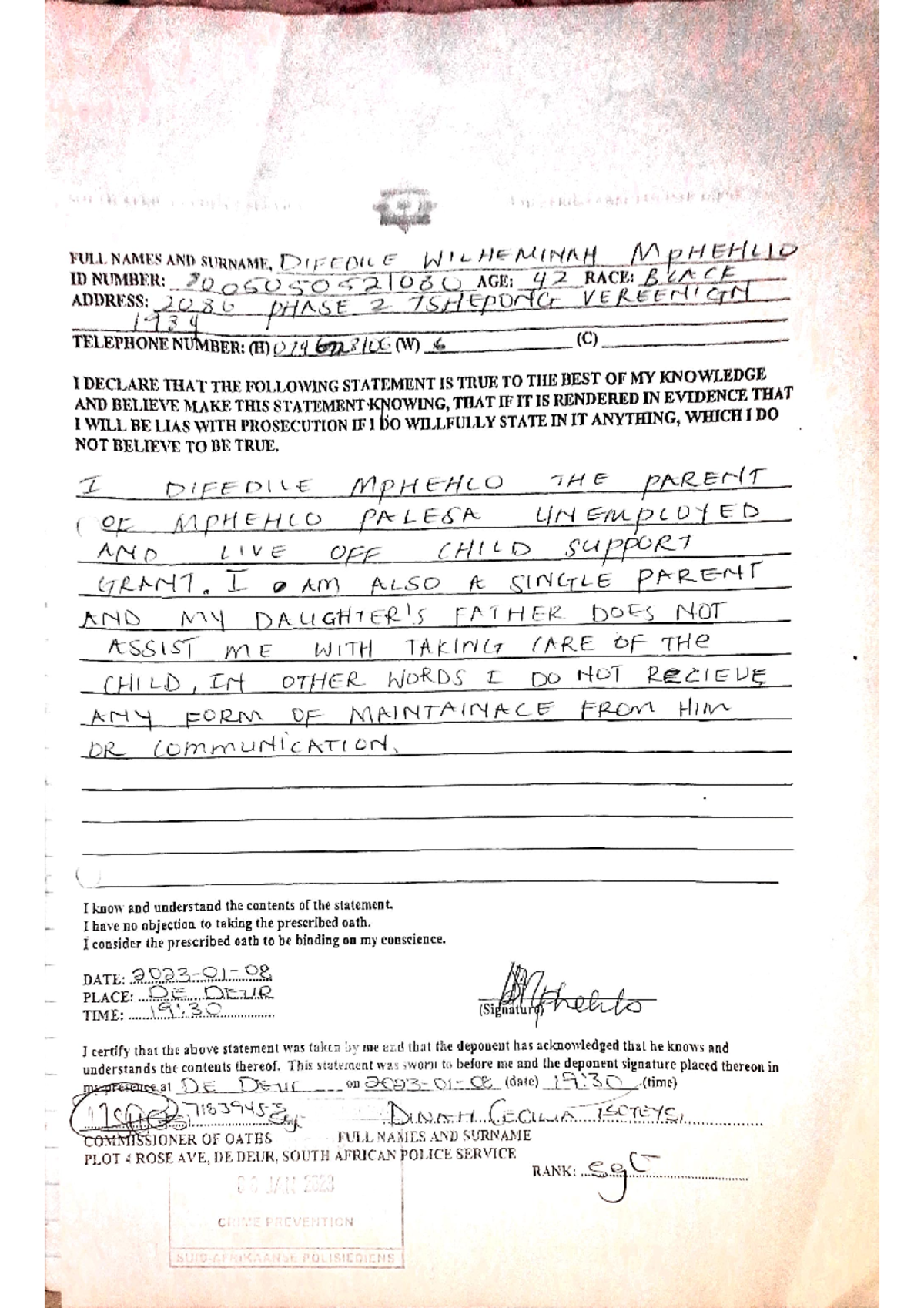 Single Parent Affidavit Single Parent Affidavit