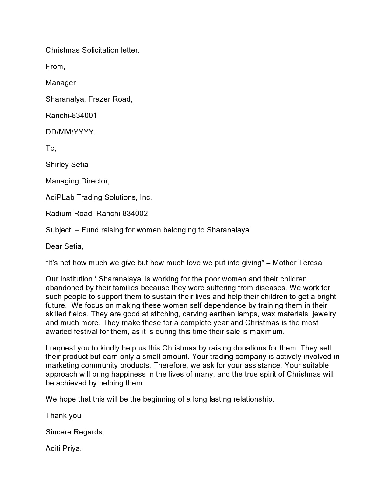 Solicitation Letters Solicitation Letters