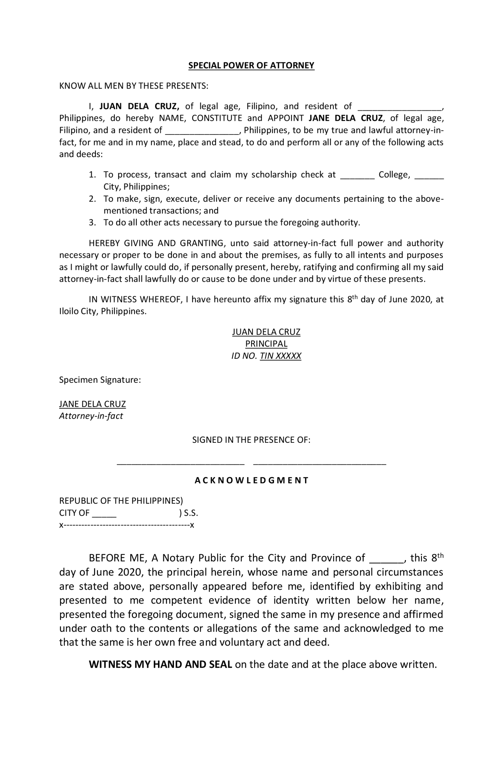 Special Power Of Attorney Special Power Of Attorney