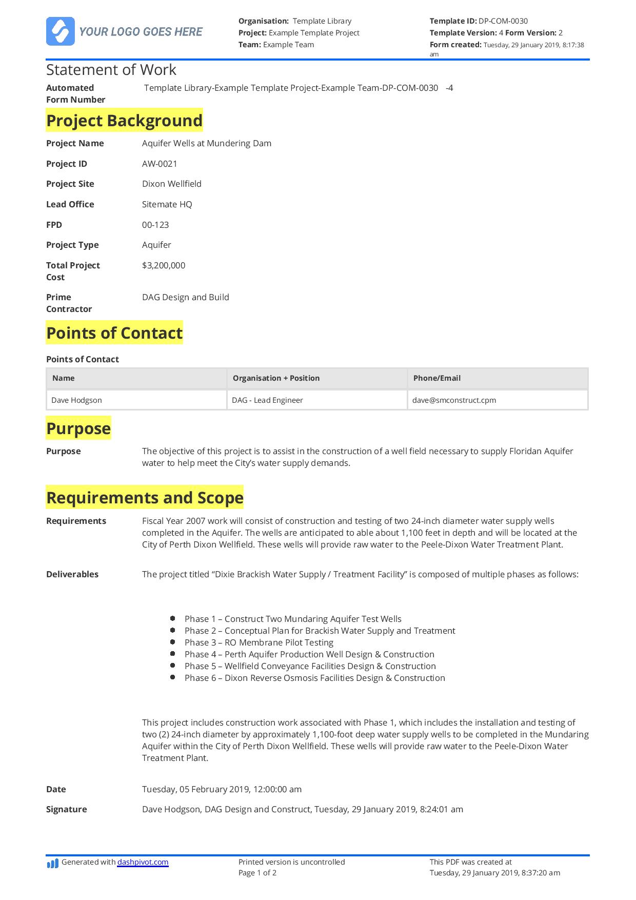 Statement Of Work Construction