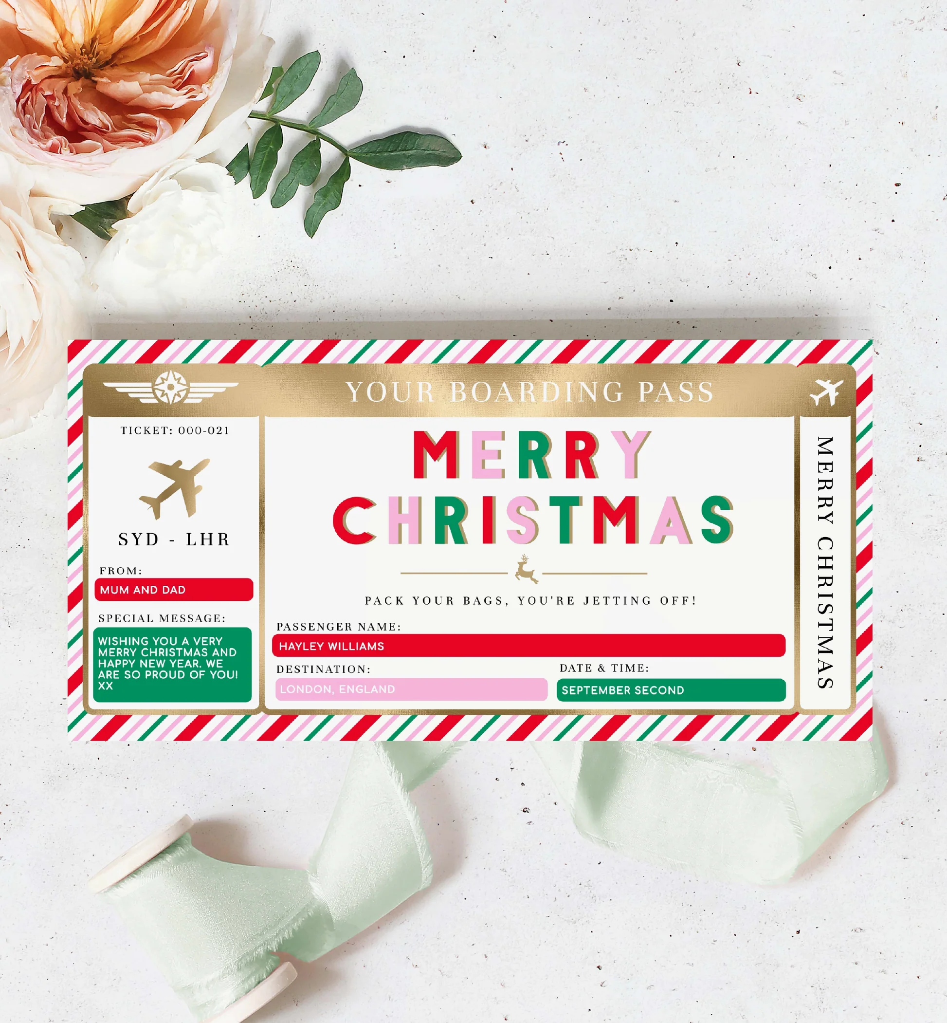 Stripe Pink Multi Printable Christmas Boarding Pass Template
