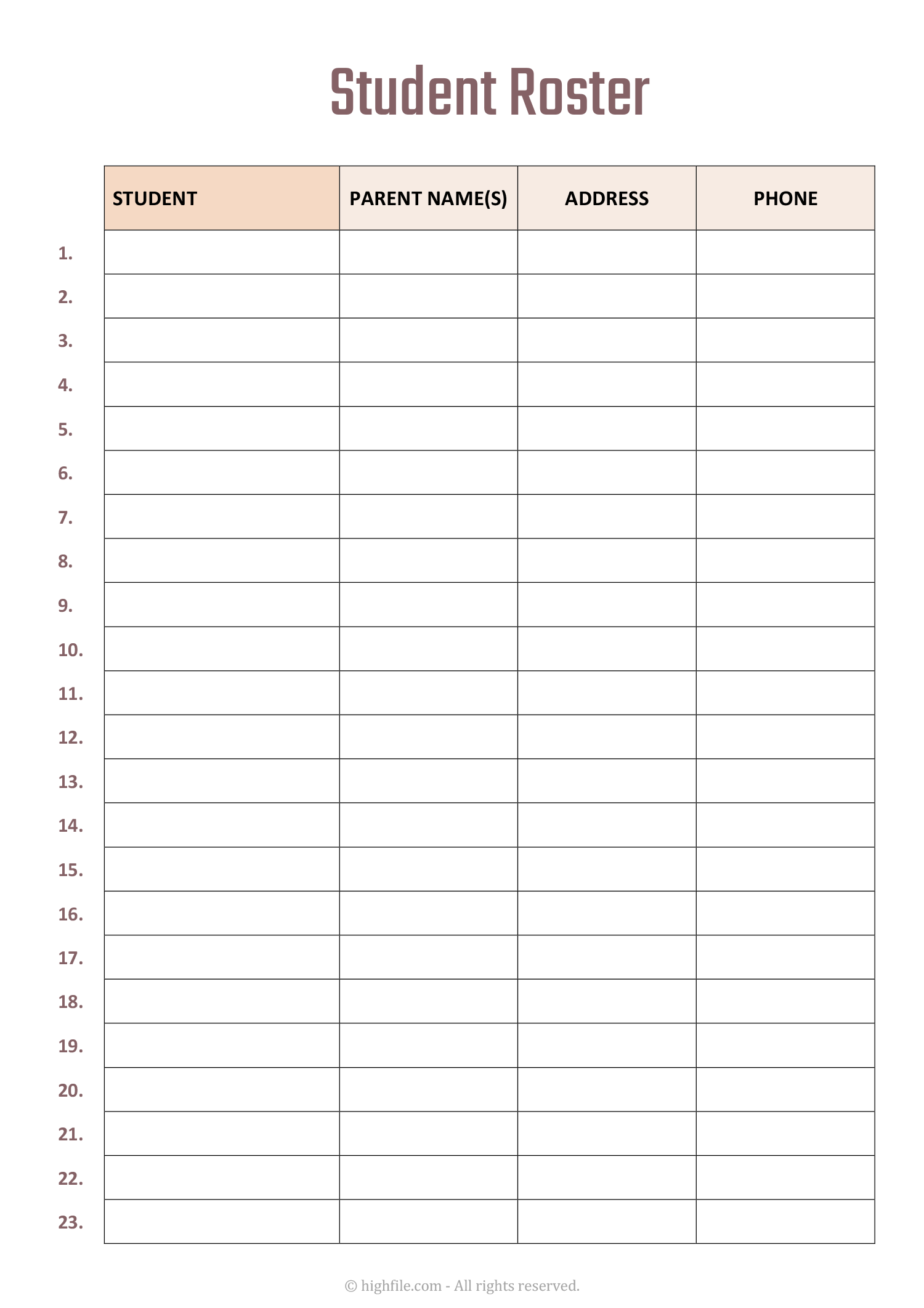 Student Roster Template Student Roster Template