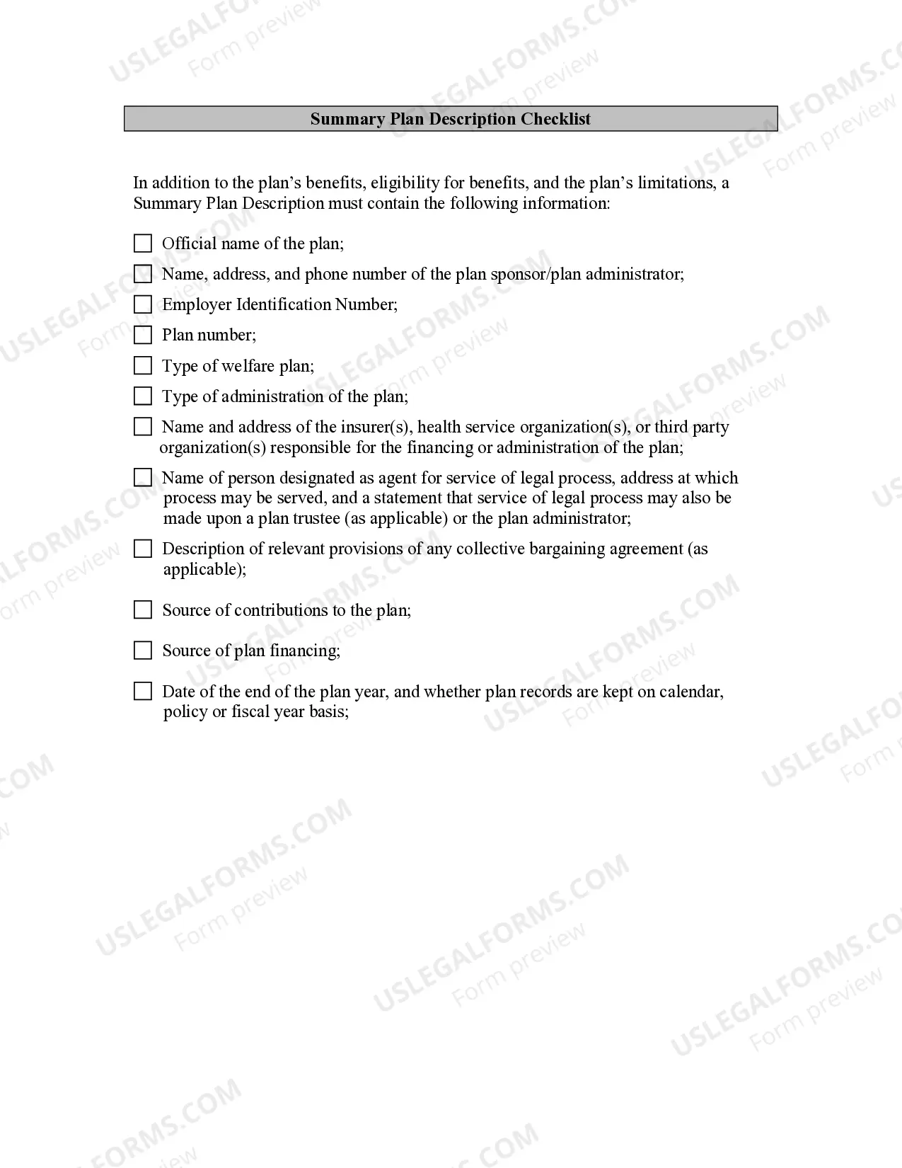 Summary Plan Description Checklist Summary Plan Description Checklist