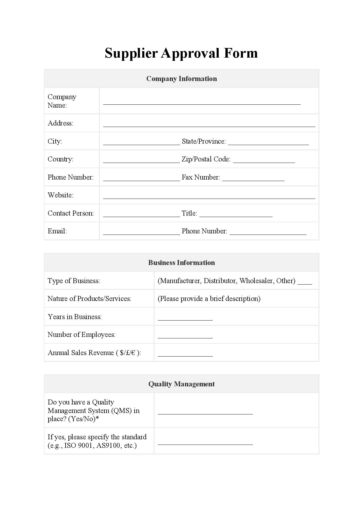 Supplier Approval Form Supplier Approval Form
