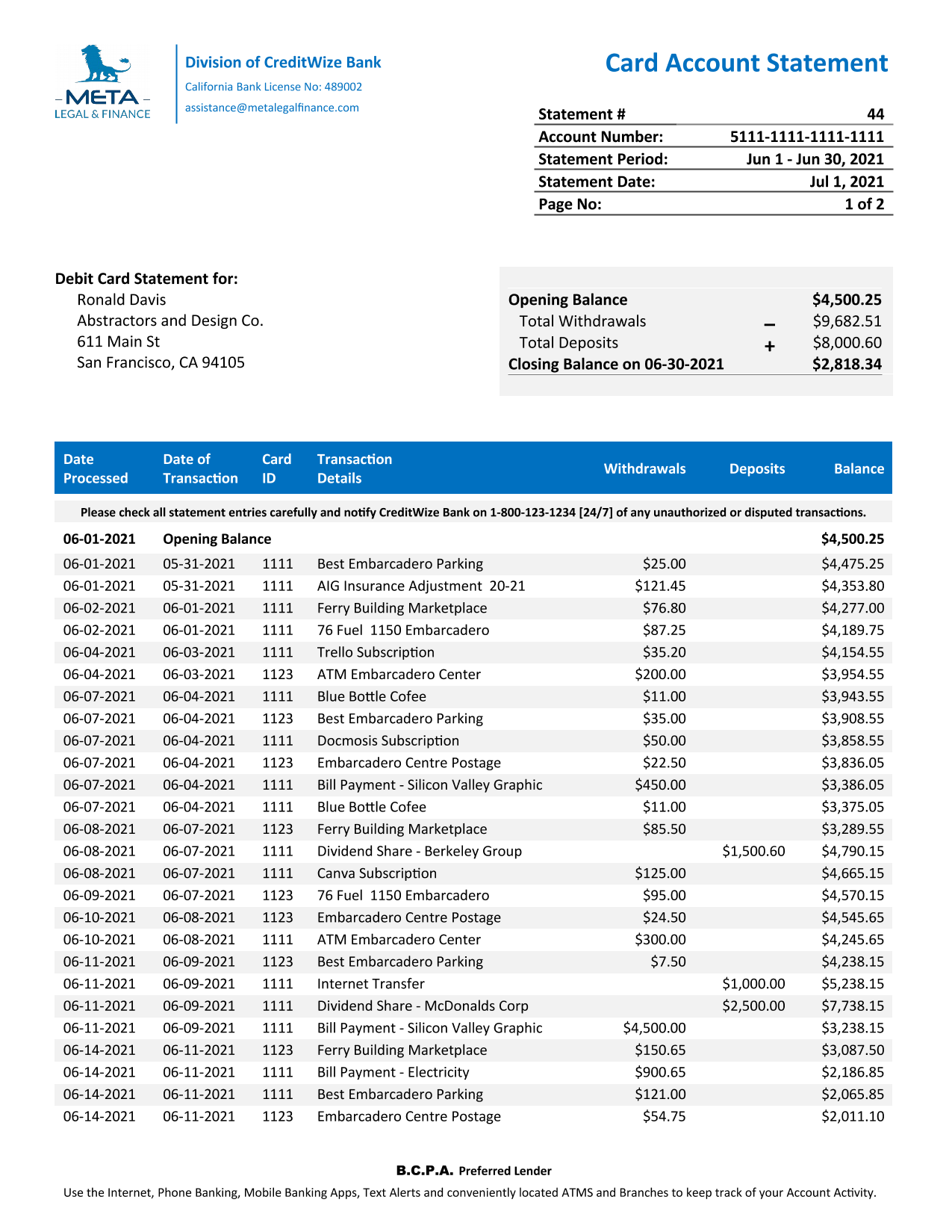statement of account sample template