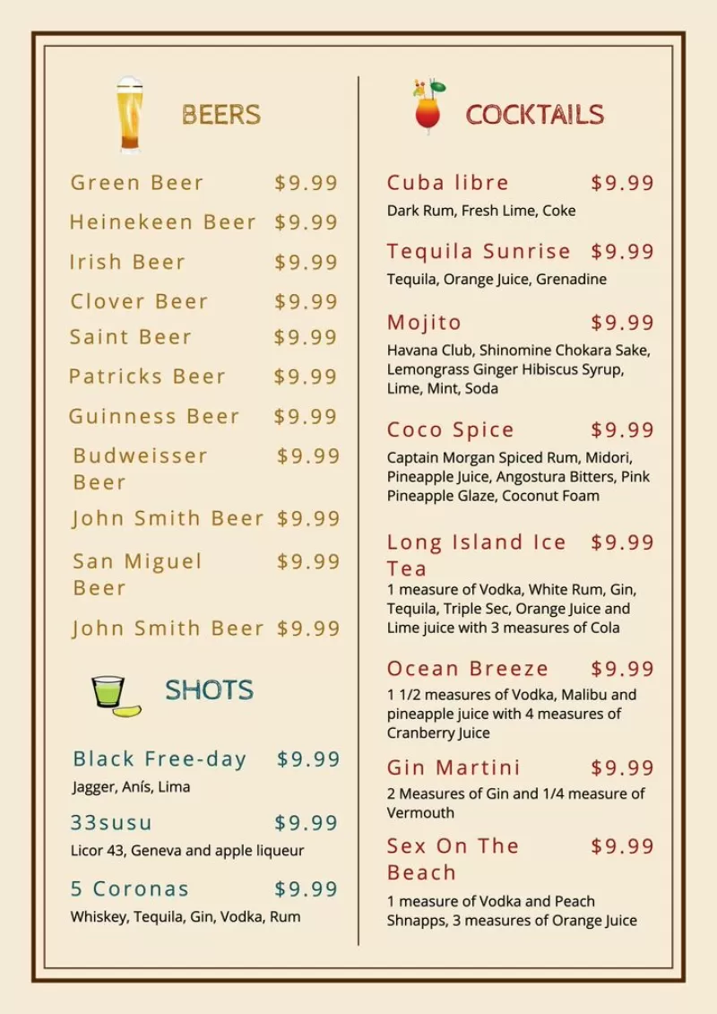 free printable drink menu template free printable drink menu template
