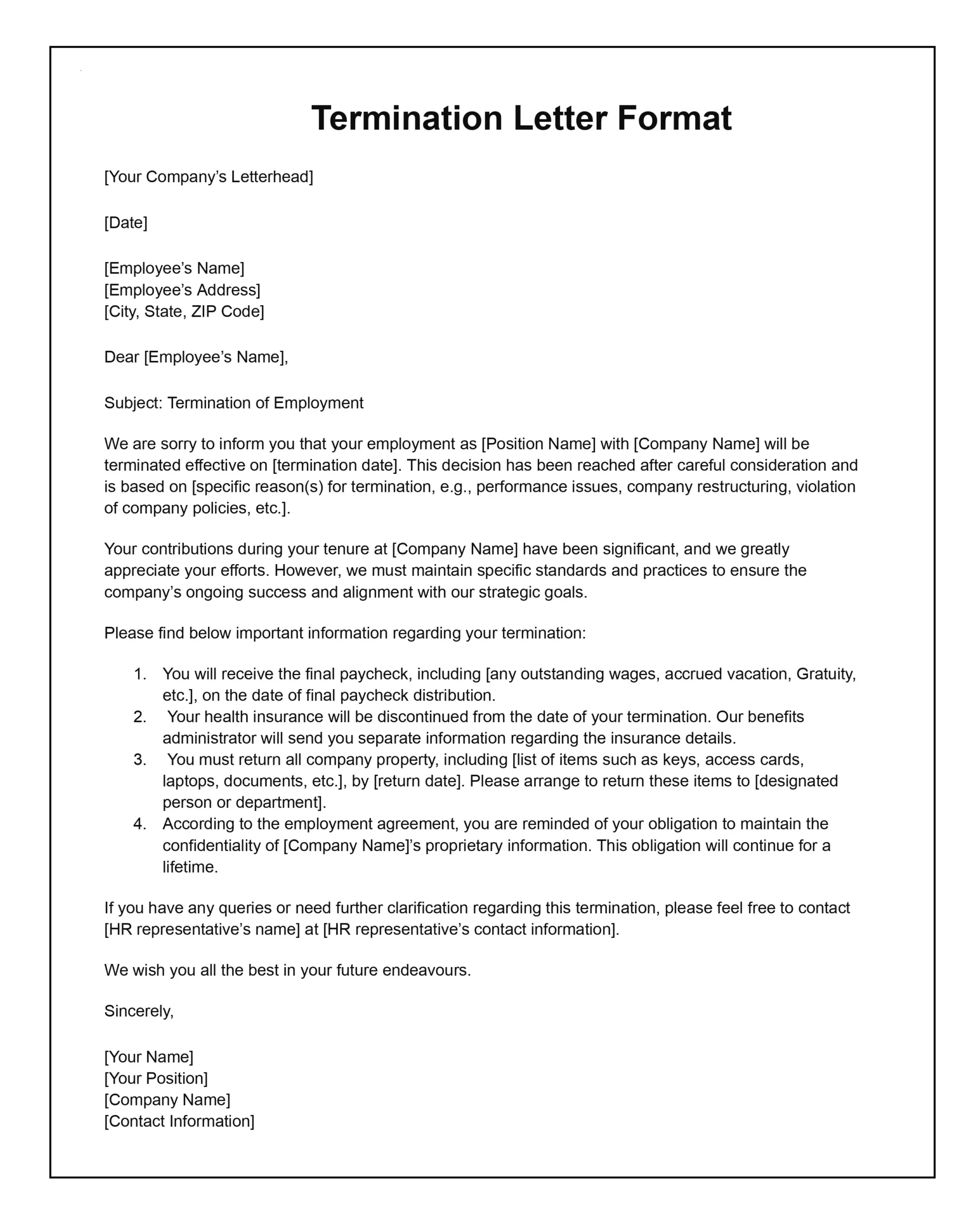 Termination Letter Format And Sample