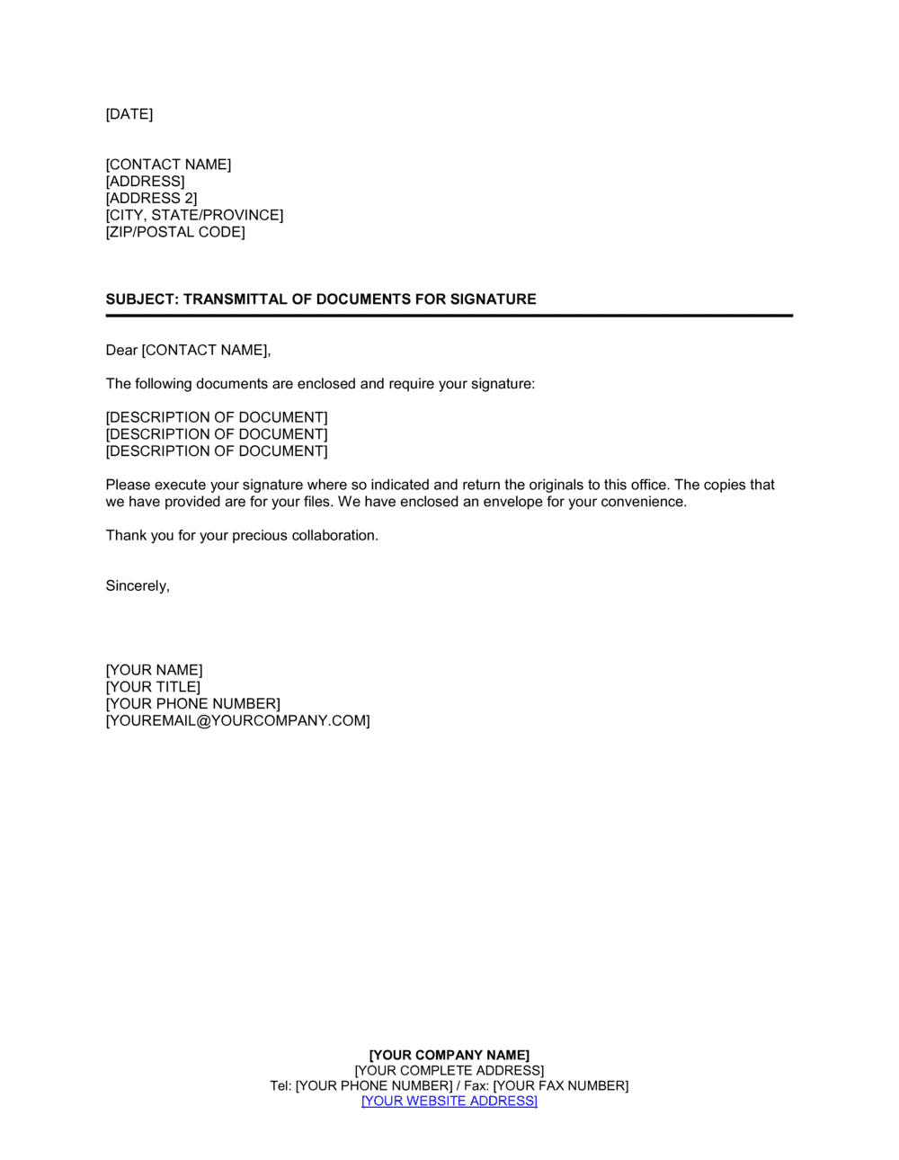 Transmittal Of Documents For Signature D922 Transmittal Of Documents For Signature D922
