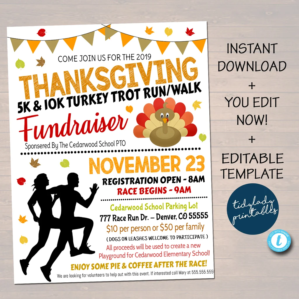 Turkey Trot Flyer Poster Printable Fall Invitation Community Thanksgiving Event Charity Fundraiser Autumn Run 5k 10k Race Flyer