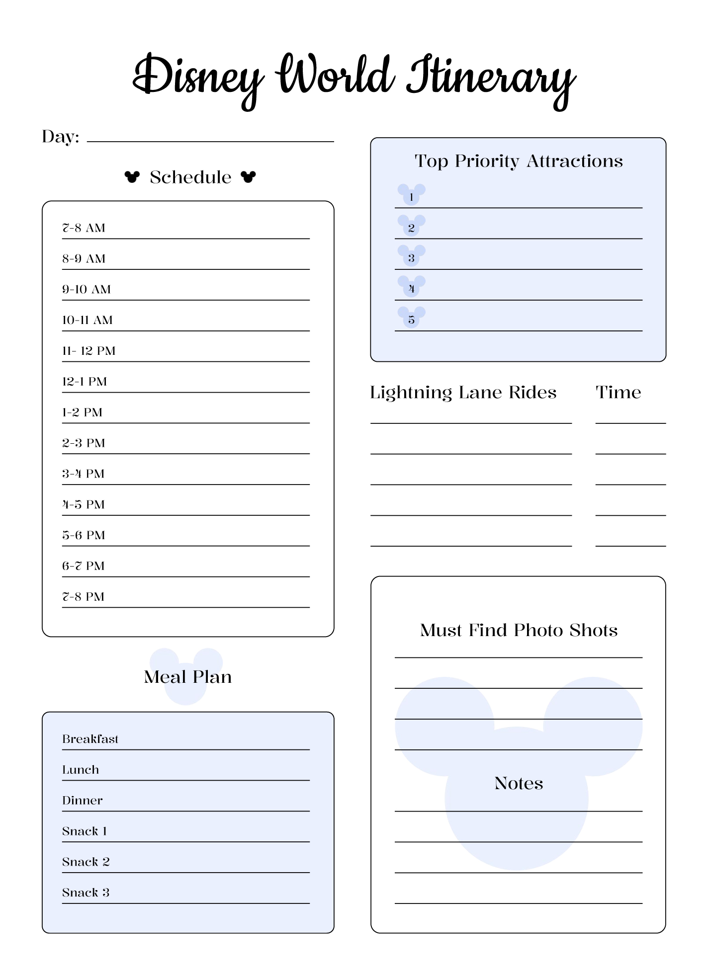 free printable disney itinerary template