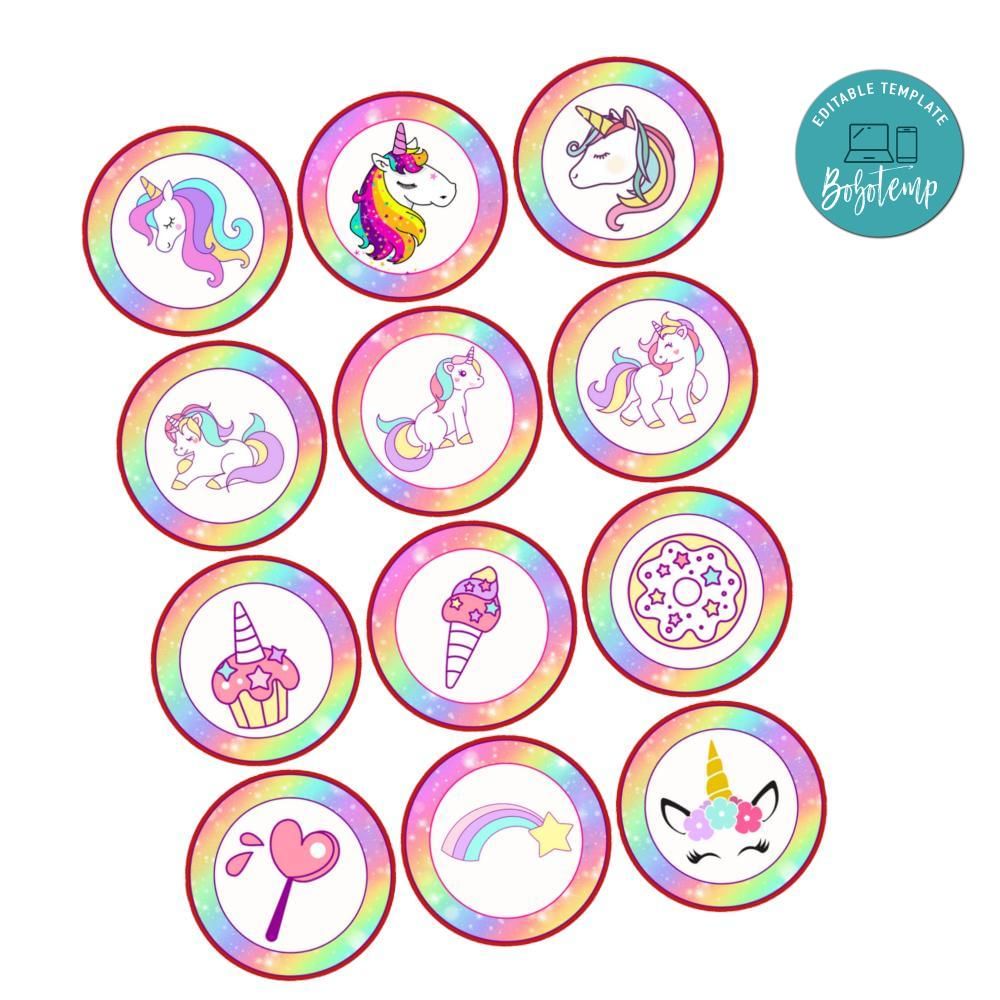 Unicorn Cupcake Toppers Template Printable Instant Download