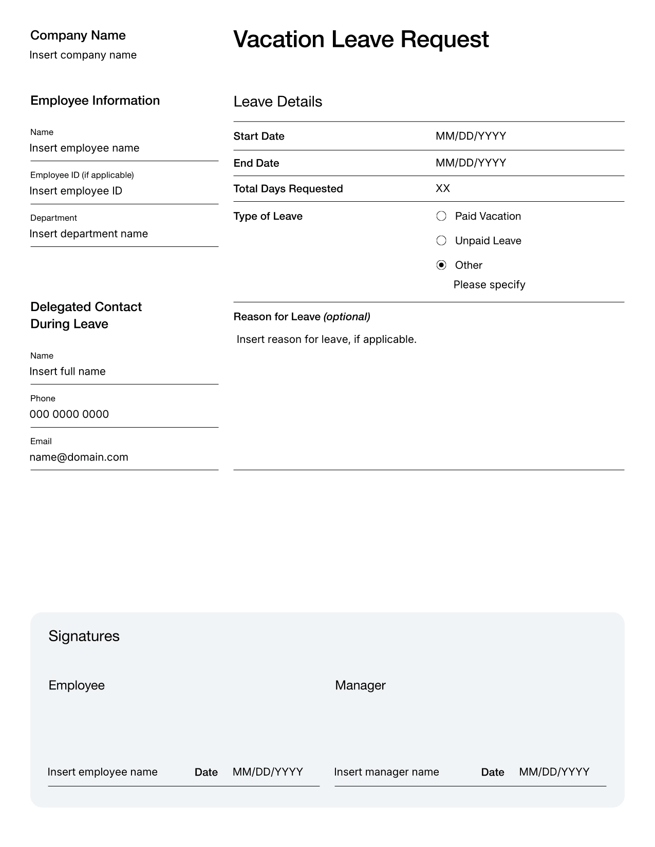 Vacation Leave Request Template
