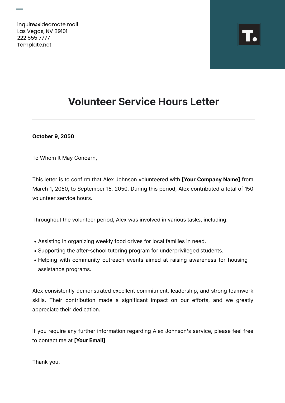 Volunteer Service Hours Letter