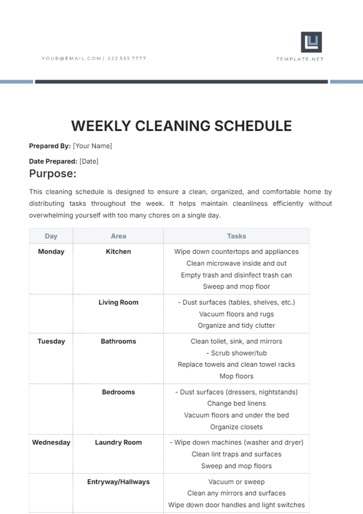 Weekly Cleaning Schedule Weekly Cleaning Schedule