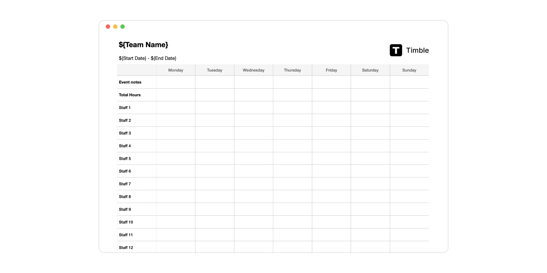 Weekly Staff Roster Template
