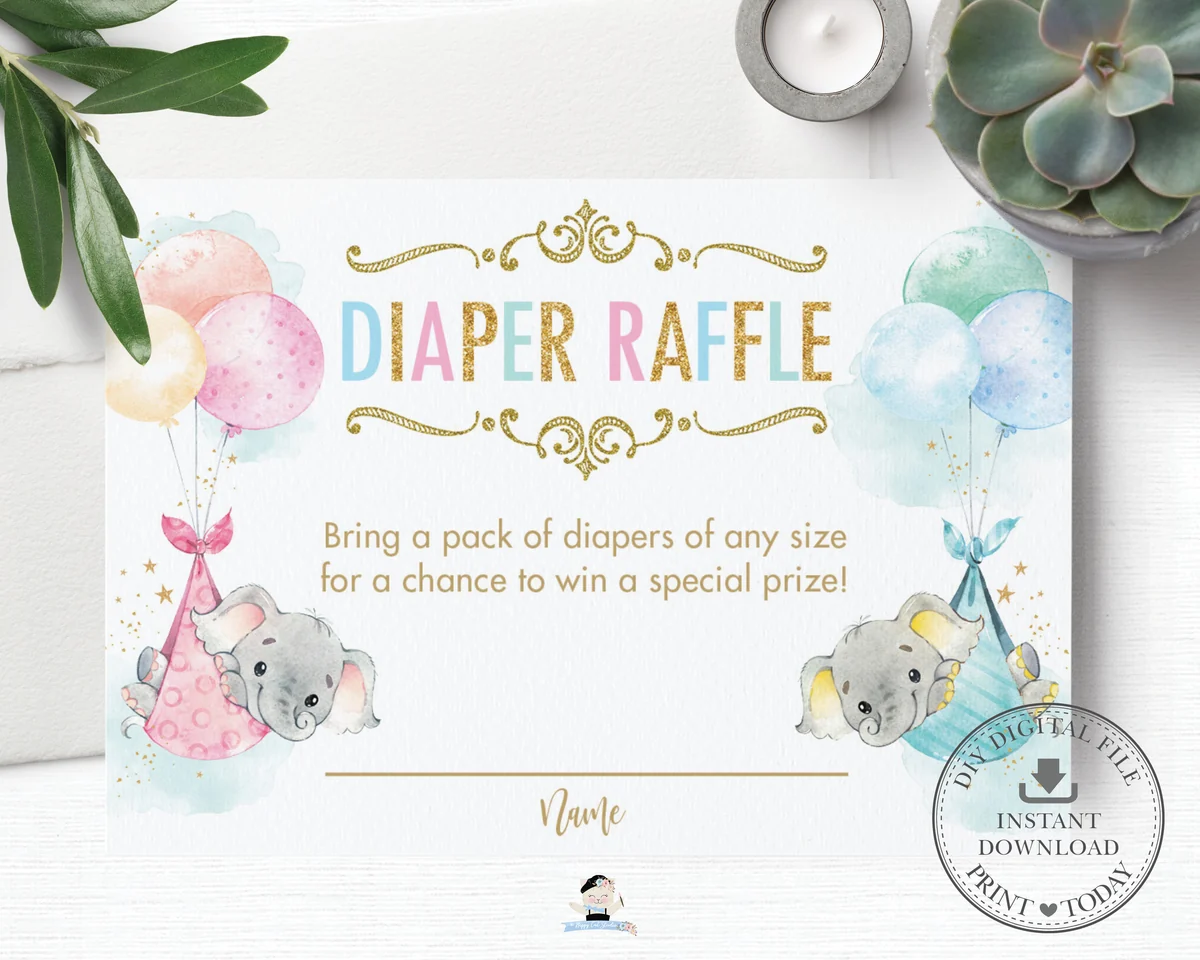 Whimsical Twin Girl Boy Elephant Diaper Raffle Ticket Insert Card Digital Printable File Instant Download Ep3