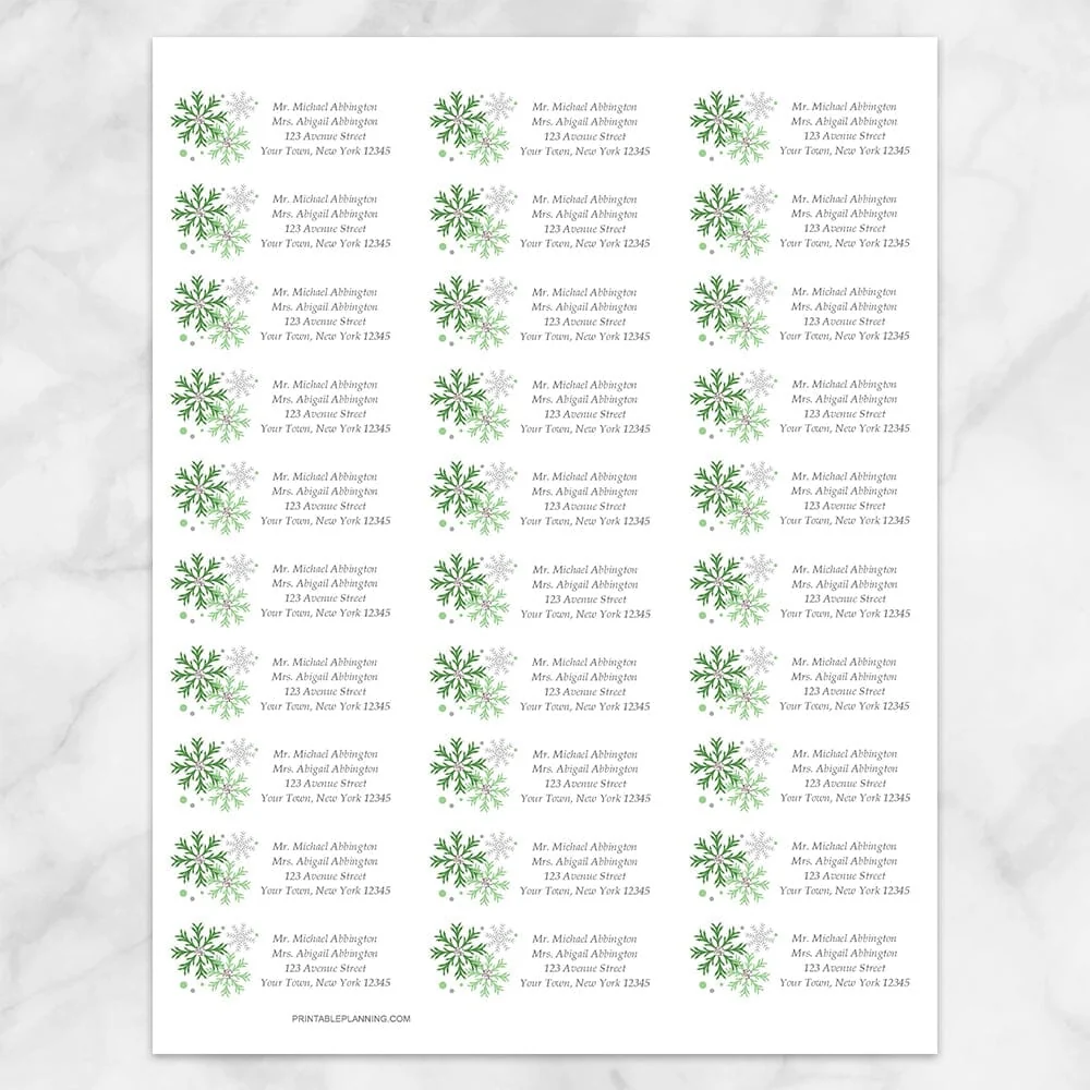 Winter Green Gray Snowflake Address Labels Printable Winter Green Gray Snowflake Address Labels Printable